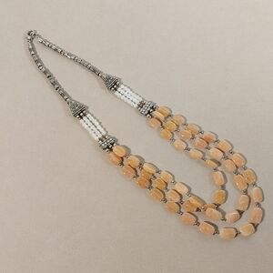 Triple-Strand Peach Bead Necklace with Silver Accents
